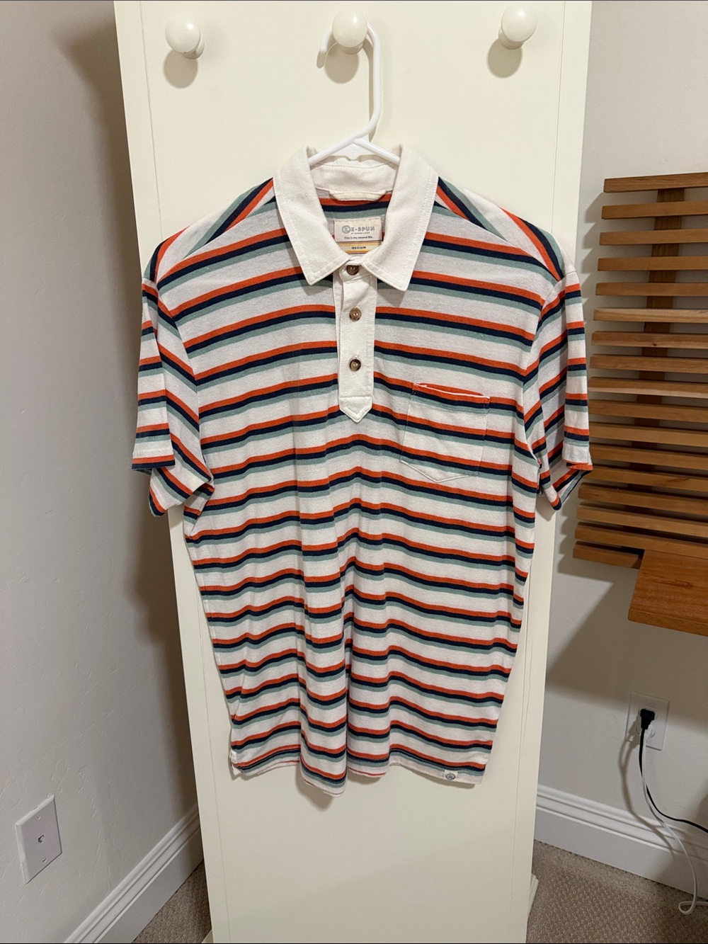 Marine Layer White Polo with Navy & Orange Stripes